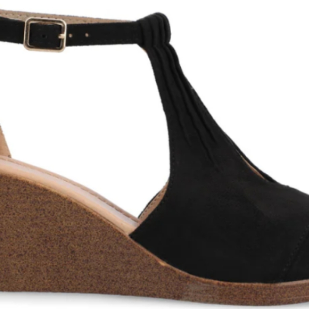 Journee Kedzie Wedge Heeled Sandals in Faux Suede, Size 9, Black